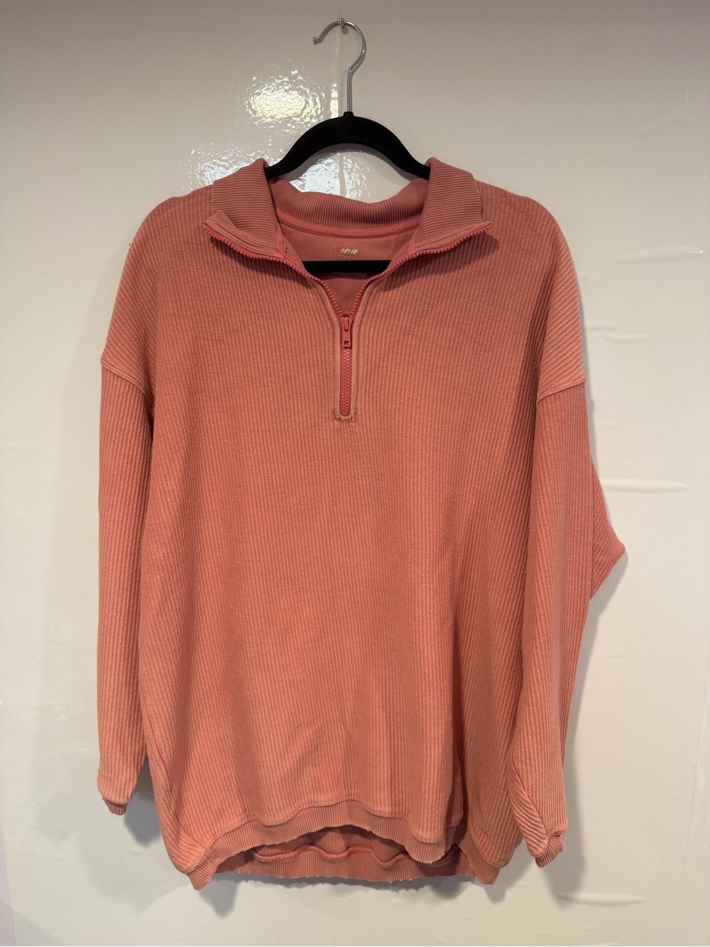Pink ribbed aerie quarter zip sweater